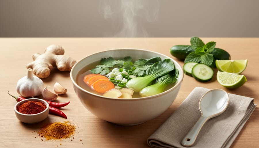 Steaming ceramic pot of broth with herbs and vegetables like goji berries, scallions, and radish around it